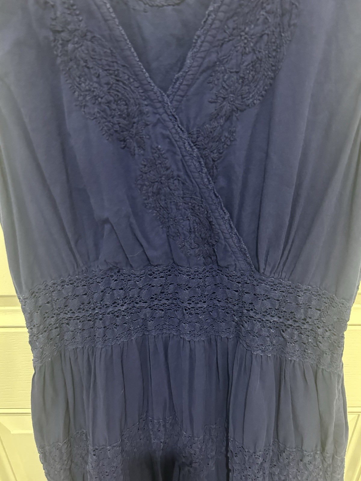 NorthStyle Blue Solid V-Neck Sleeveless Cotton Lace Embroidered A-Line Midi XL