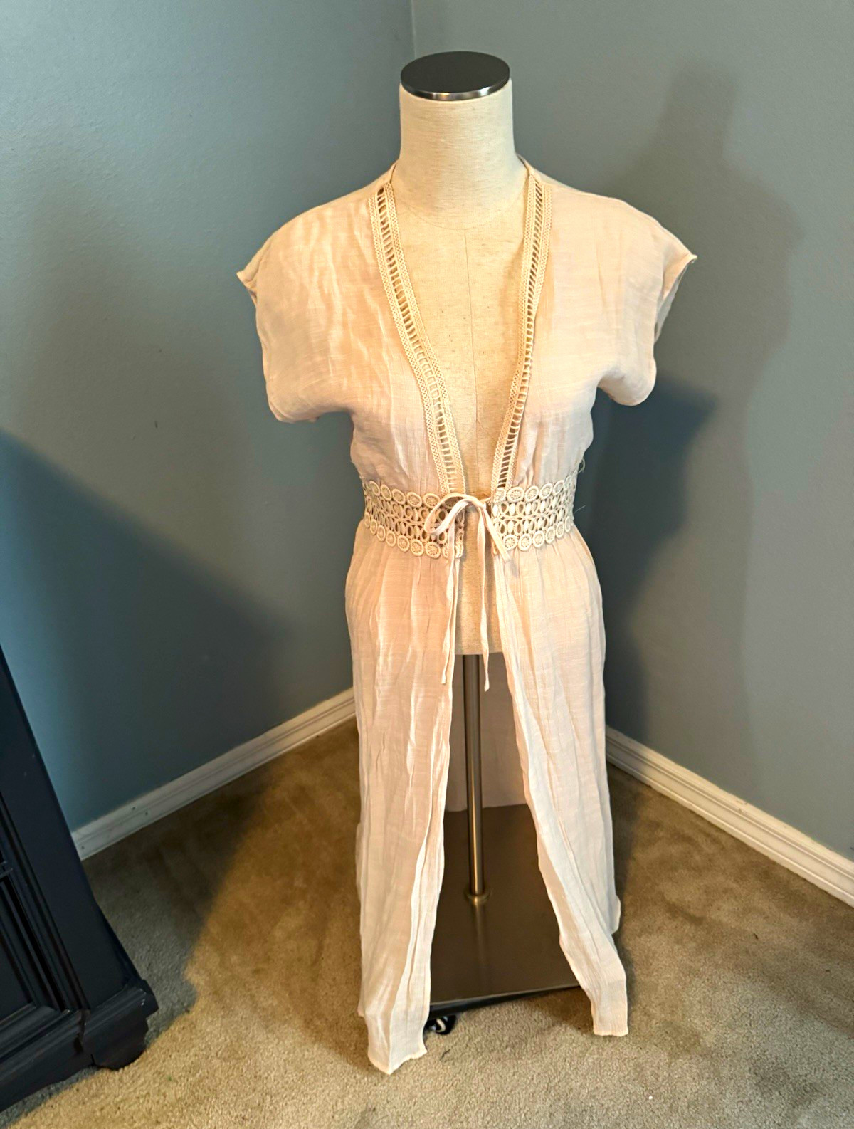 Iris Beige Swim Coverup Waist Tie V-Neck Cap Sleeve Size S