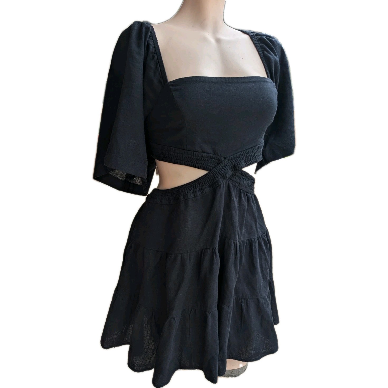 Free People free-est Black Cross of Sunlight Linen Smocked Cut-Out Mini Dress Sm