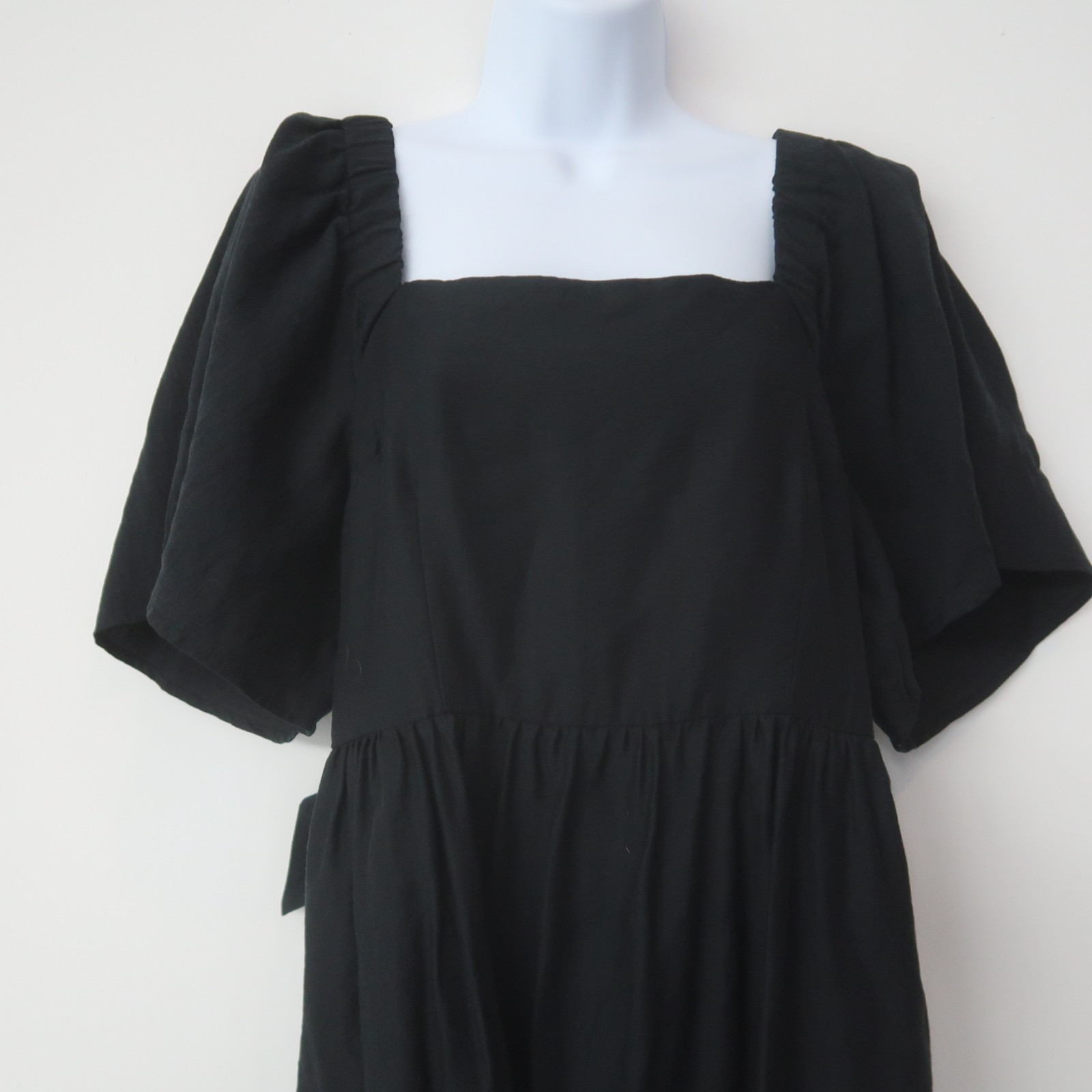 A New Day Midi Dress Size Medium Black Square Neck Puff Sleeve Boho Opem Back
