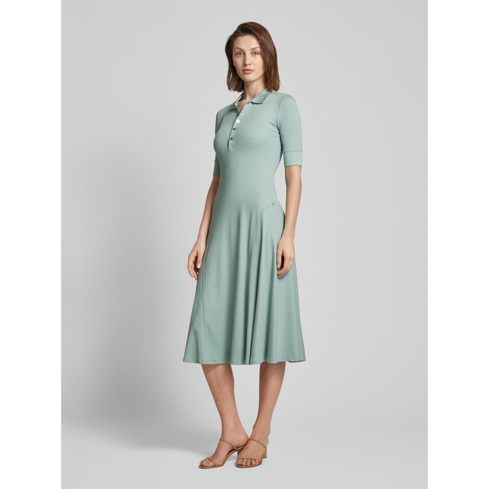 Lauren Ralph Lauren Sage Green Ribbed Polo Midi Dress Silver Crest Buttons XL