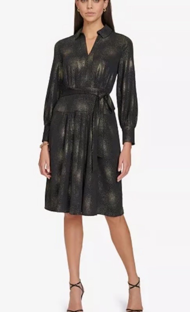 Calvin Klein Women’s Black Gold Collared Self-Tie-Belt A-Line Dress Size 6