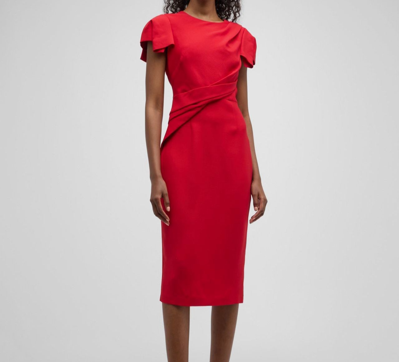Roland Mouret Women Red Pleated Cap-Sleeve Wool Silk Crepe Midi Dress Size 10