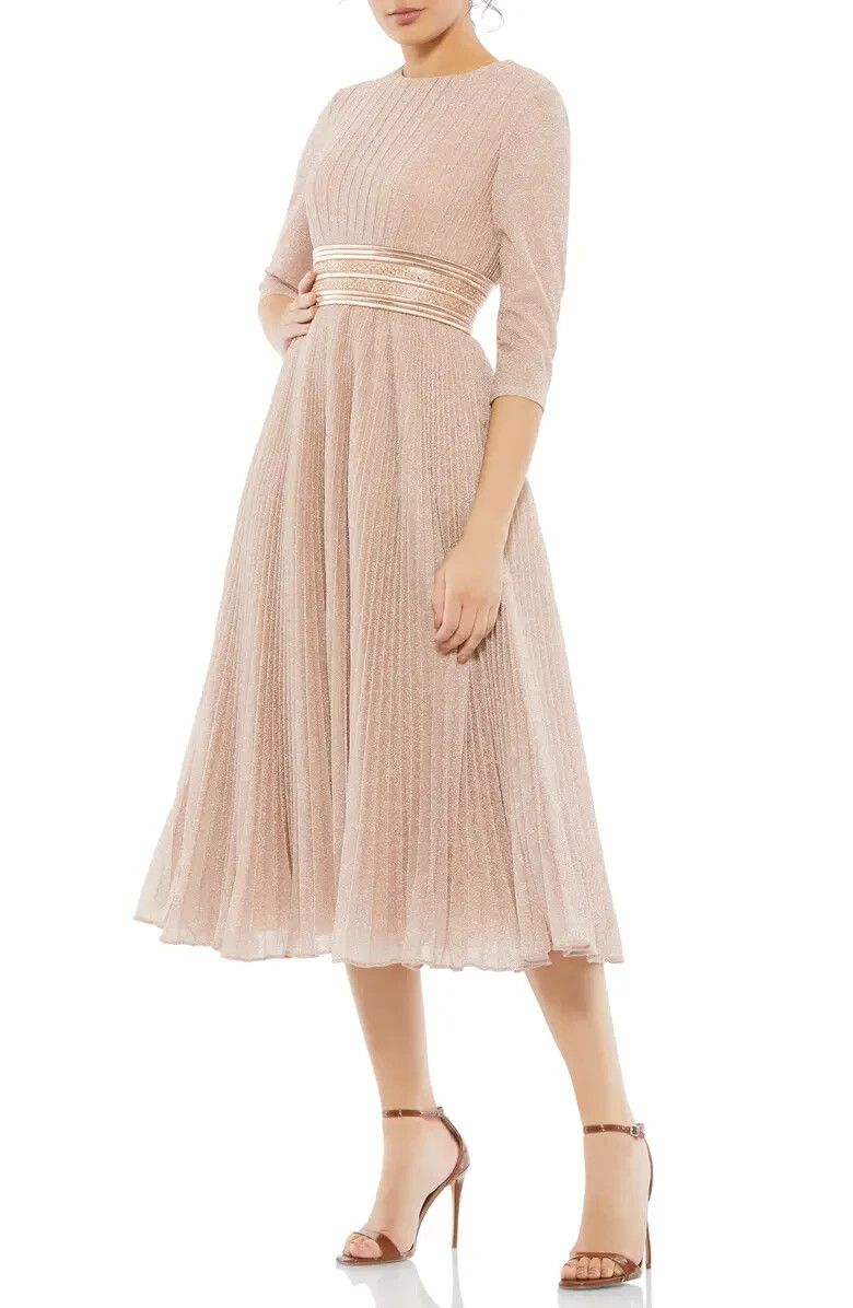 Mac Duggal Rose Gold Metallic Pleated A-Line Midi Cocktail Dress Size 14 $498
