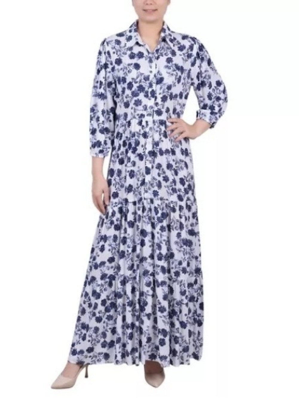 NY Collection Navy Blue & White Floral, Tiered Maxi-Dress, Size PS, NWT