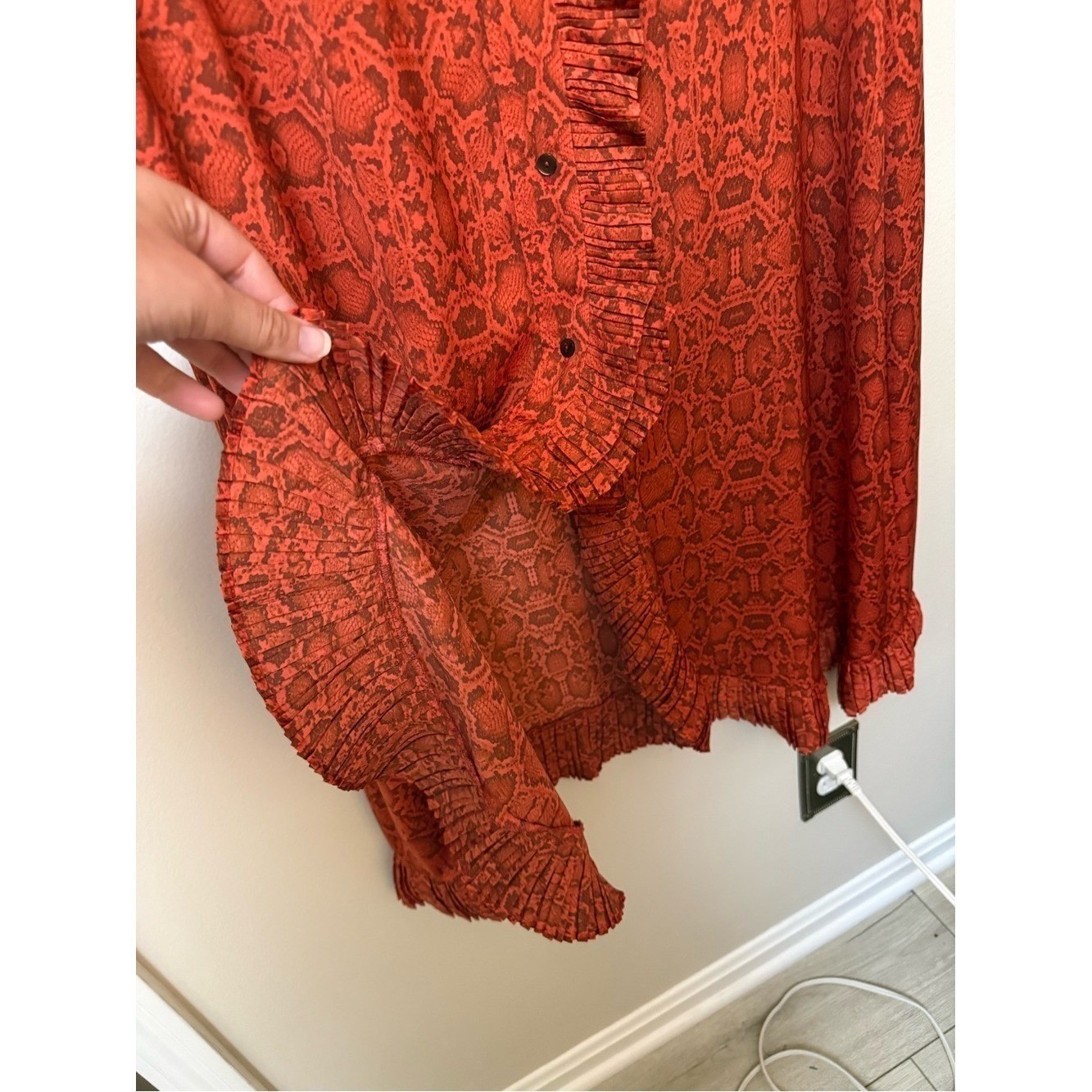 Mango Premium Red Snakeskin Print Ruffle Midi Dress Long Sleeve Size 2 XS