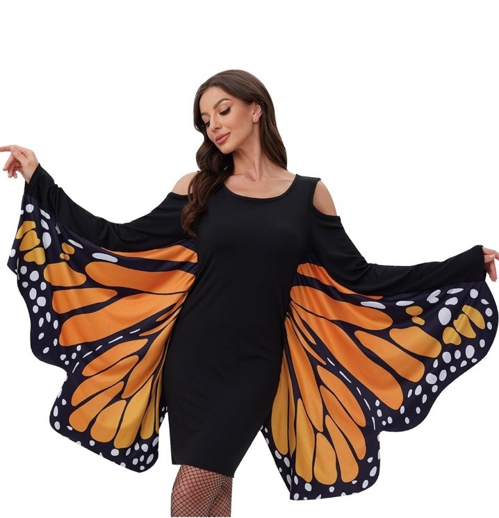 Butterfly Wing Cold-Shoulder Dress in Orange, yellow and Black