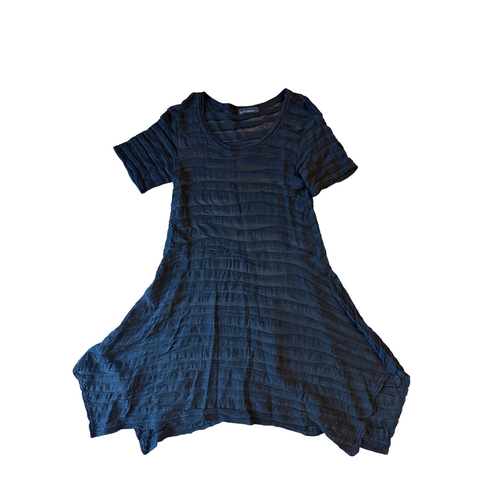 Black Dress Tunic Black Textured Sheer Stripe Sharkbite Hem SS Boho Whimsigoth