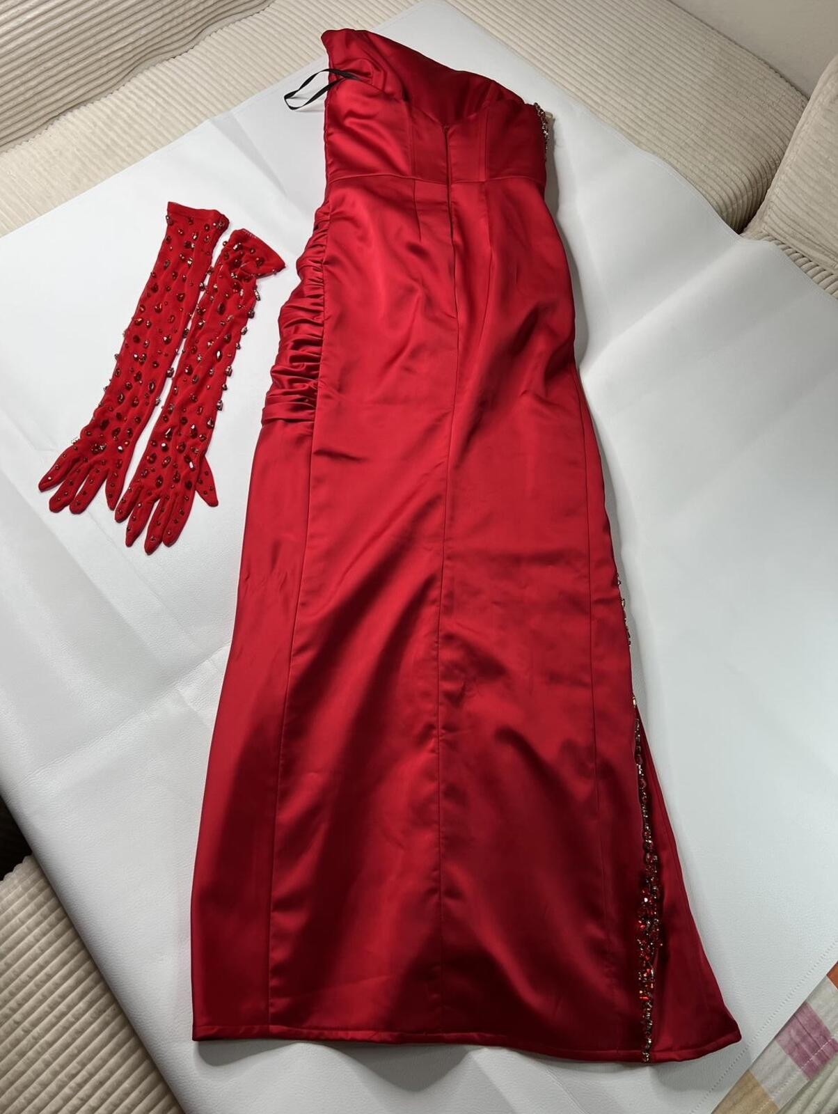 Red Strapless Evening Gown with Beaded Detailing and Matching Gloves