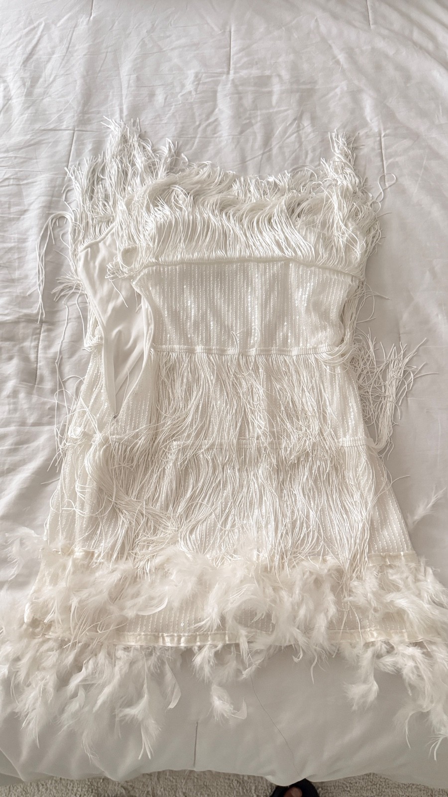 White Ivory Fringe & Feather Trim Mini Dress Size L Sequin Party Bachelorette NY