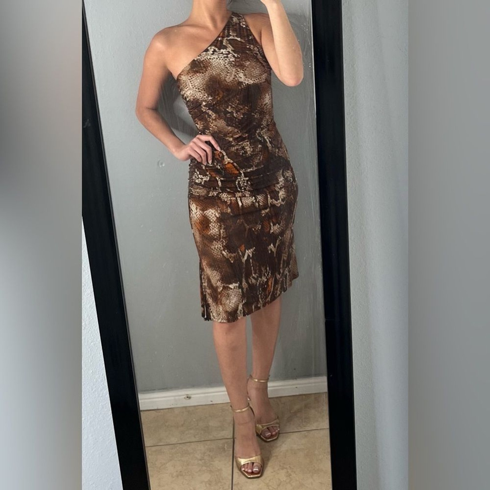 Snakeskin print one shoulder ruched bodycon side slit midi dress 6 | Y2K glam