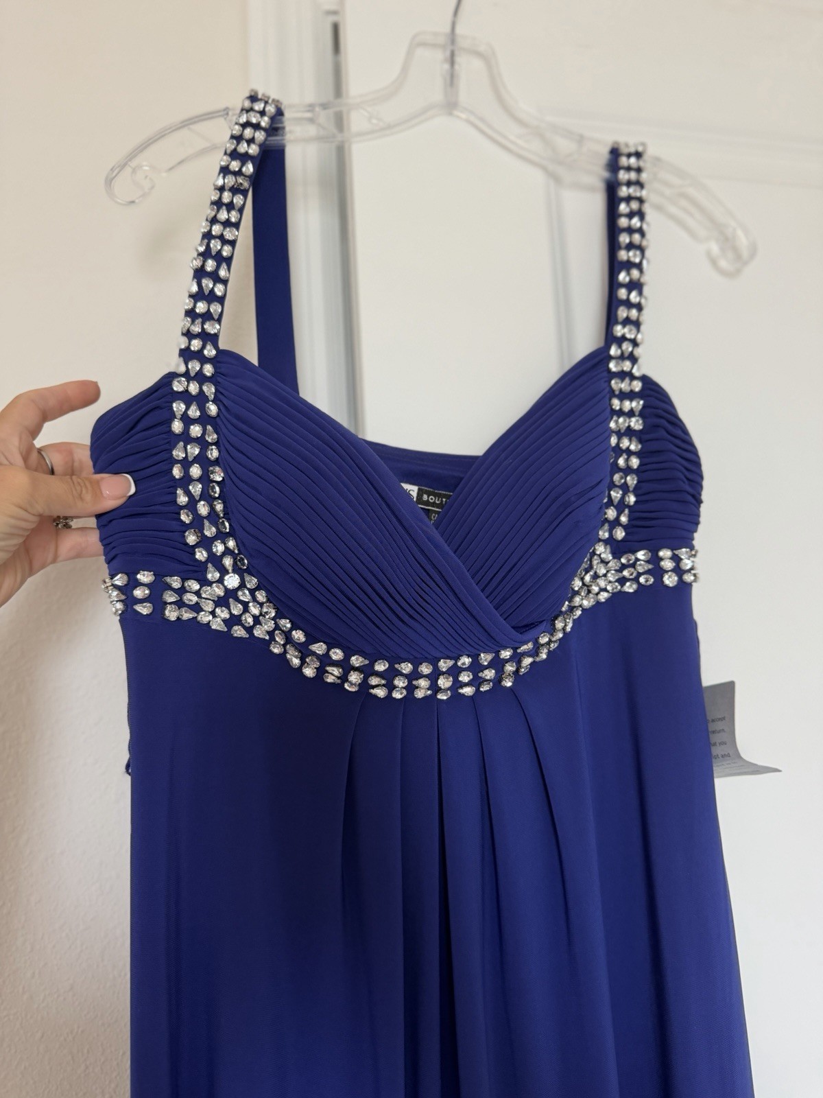 JS Boutique 10 Blue Rhinestone Beaded Pleated V-Neck Strappy Maxi Dress