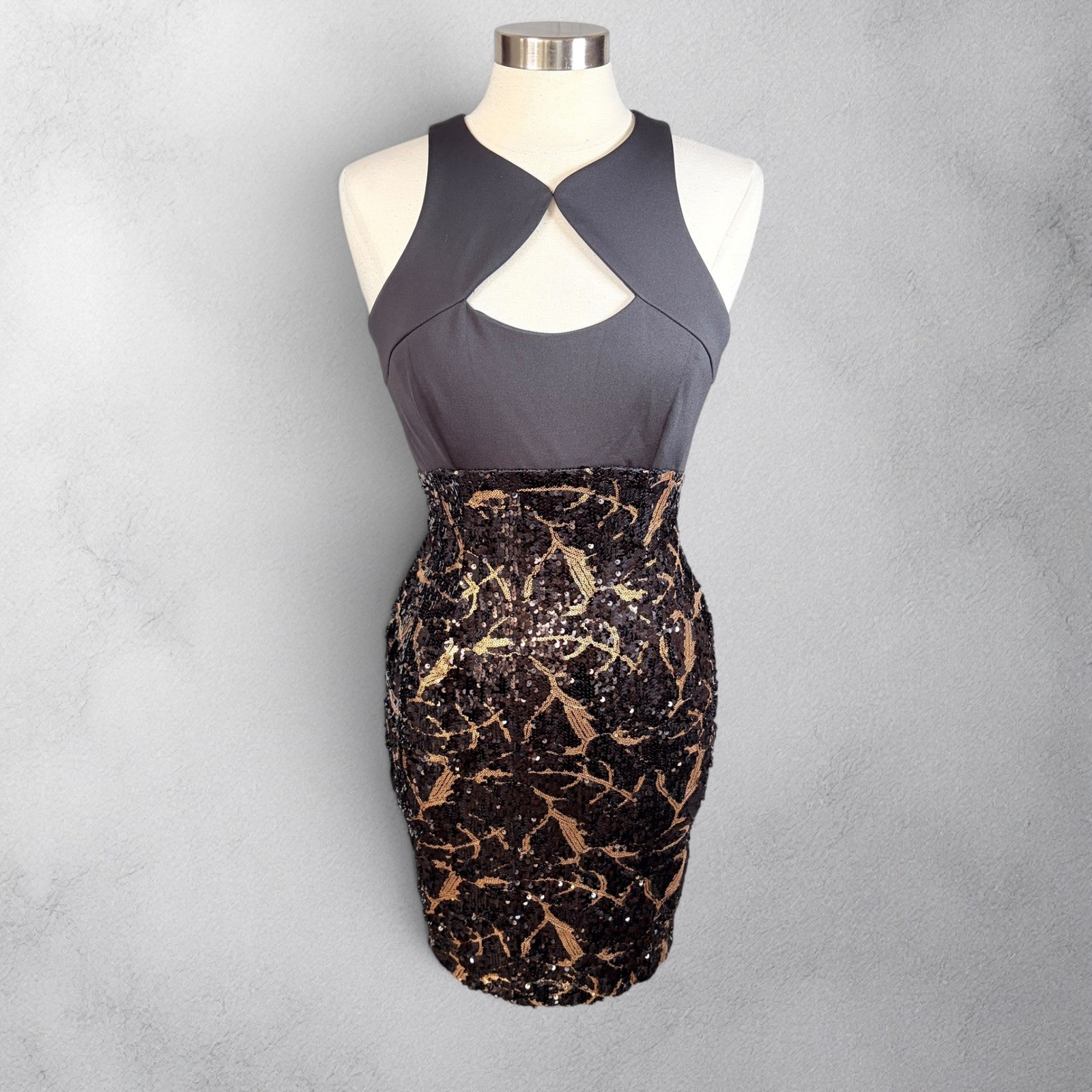 CACHE Sexy Sophistication Black & Gold Stretch Sequin Cocktail Mini Dress, MED