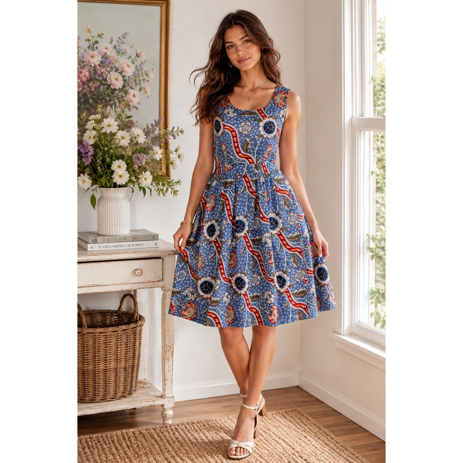 Sunny Girl Dress Womens 14 Blue Floral Boho Mod Retro Whimsigoth Cottagecore