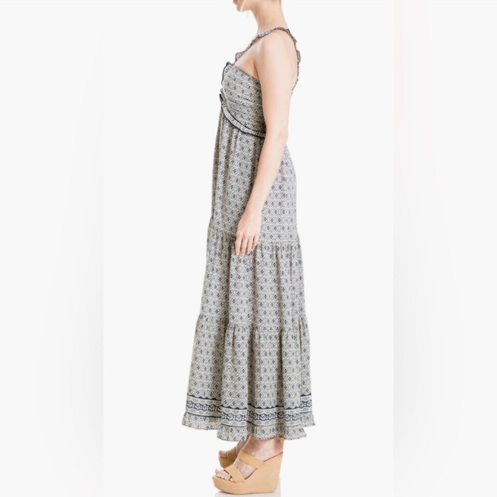 Max Studio Boho Tiered Halter Maxi Dress, XL Geometric Print Ruffle Straps