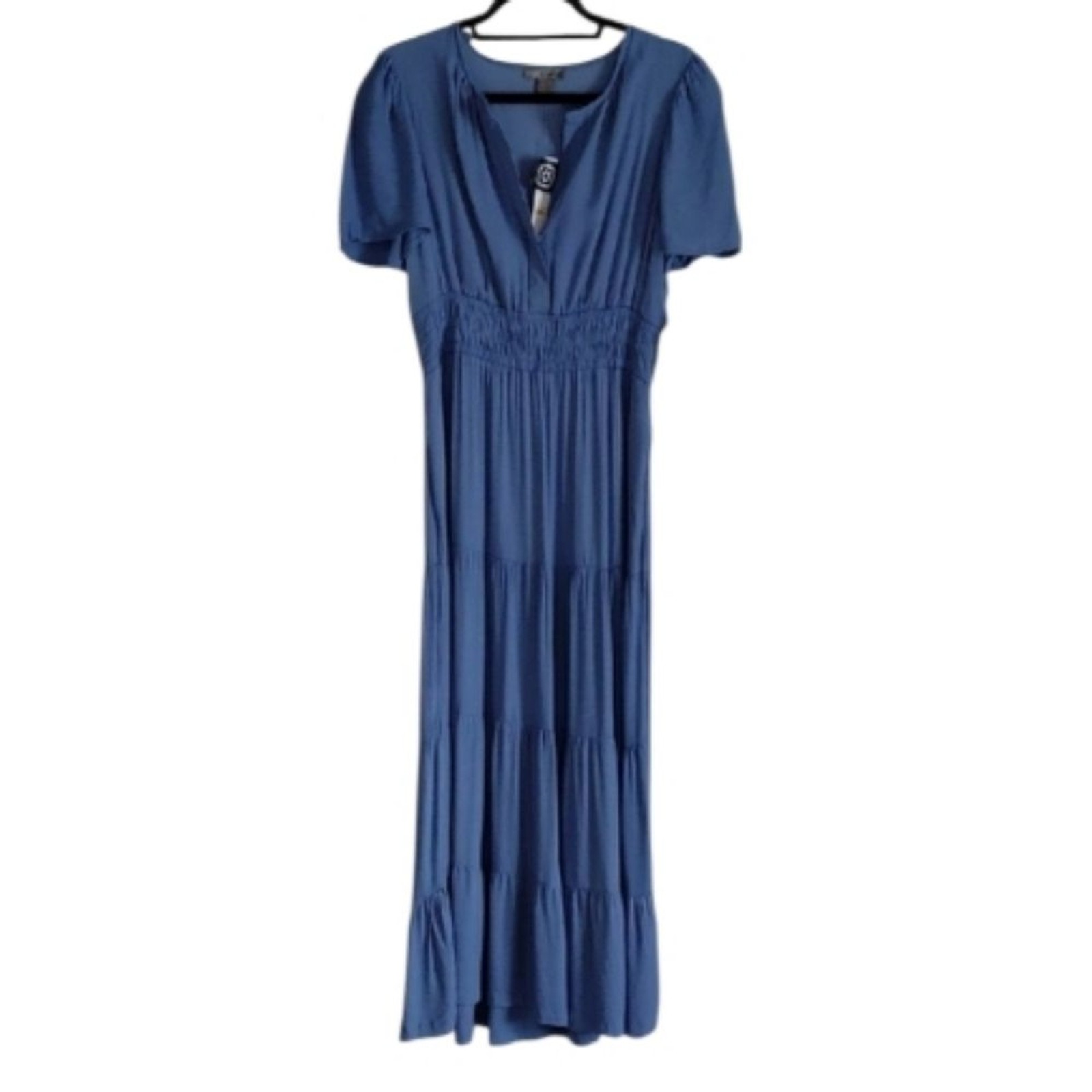 NWT Nordstrom Blue Tiered Modest Cottagecore Prairie Maxi Dress Short Sleeve