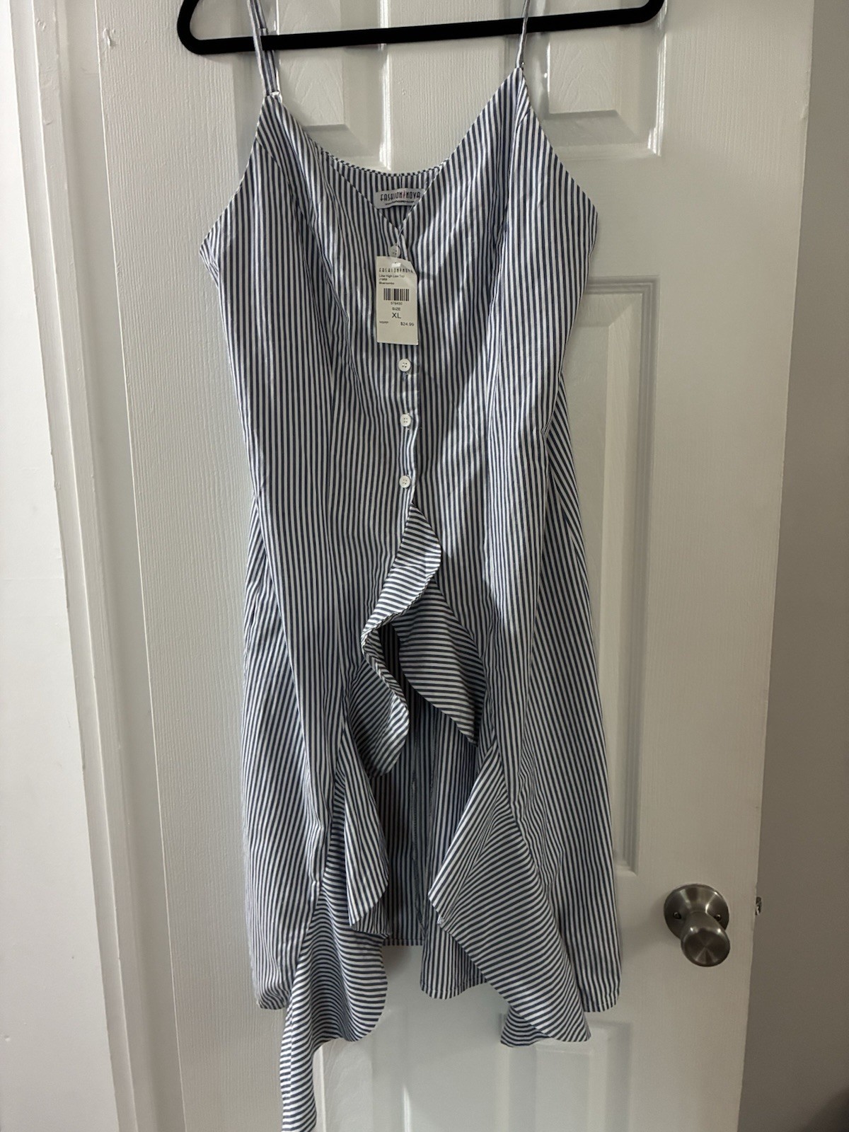 Fashion Nova Blue/White Striped Hi-Low Maxi T-Shirt Dress Button Front XL NWT