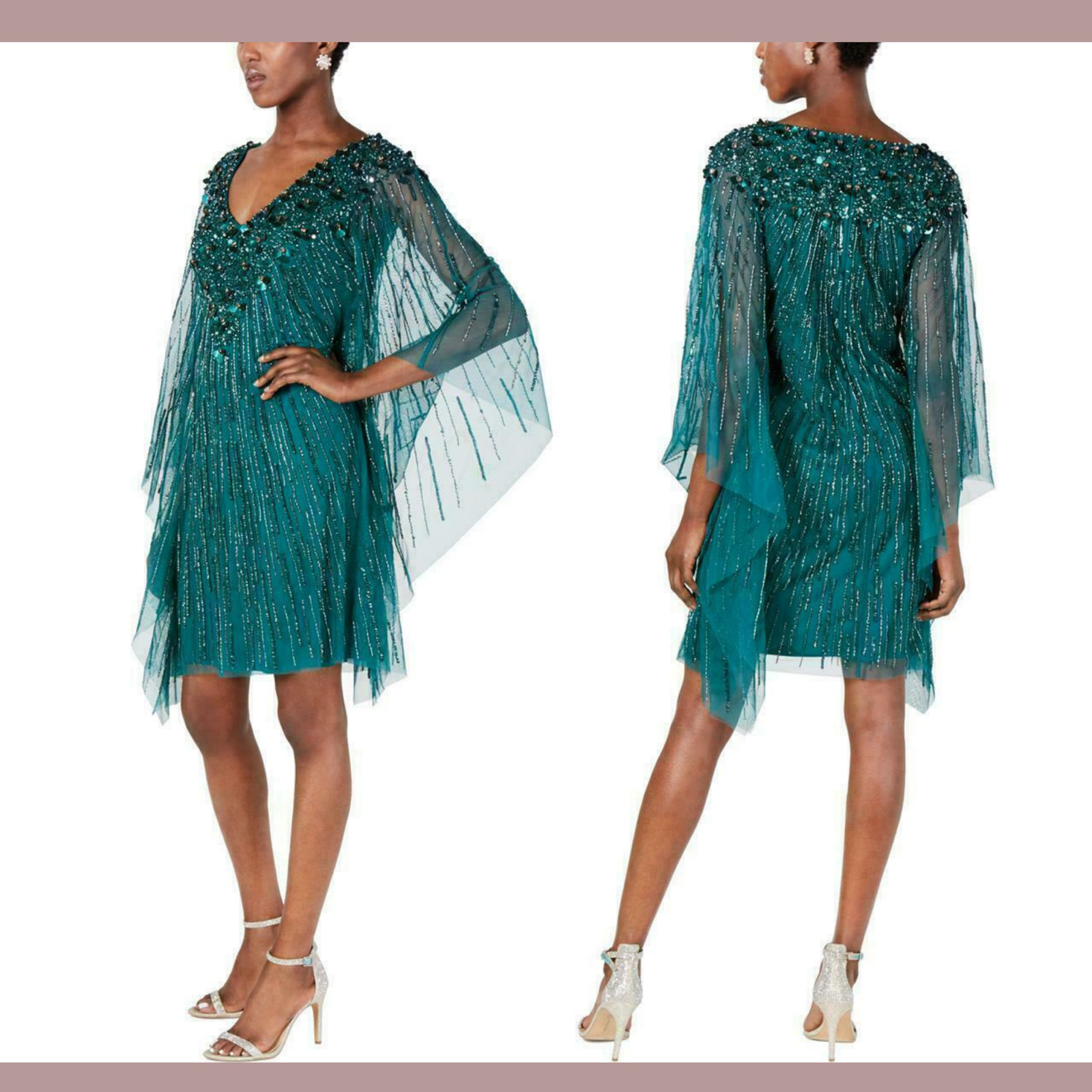 NEW Adrianna Papell Beaded Sequin Mesh Kaftan Dress Dark Jade [SZ Small ] #G809