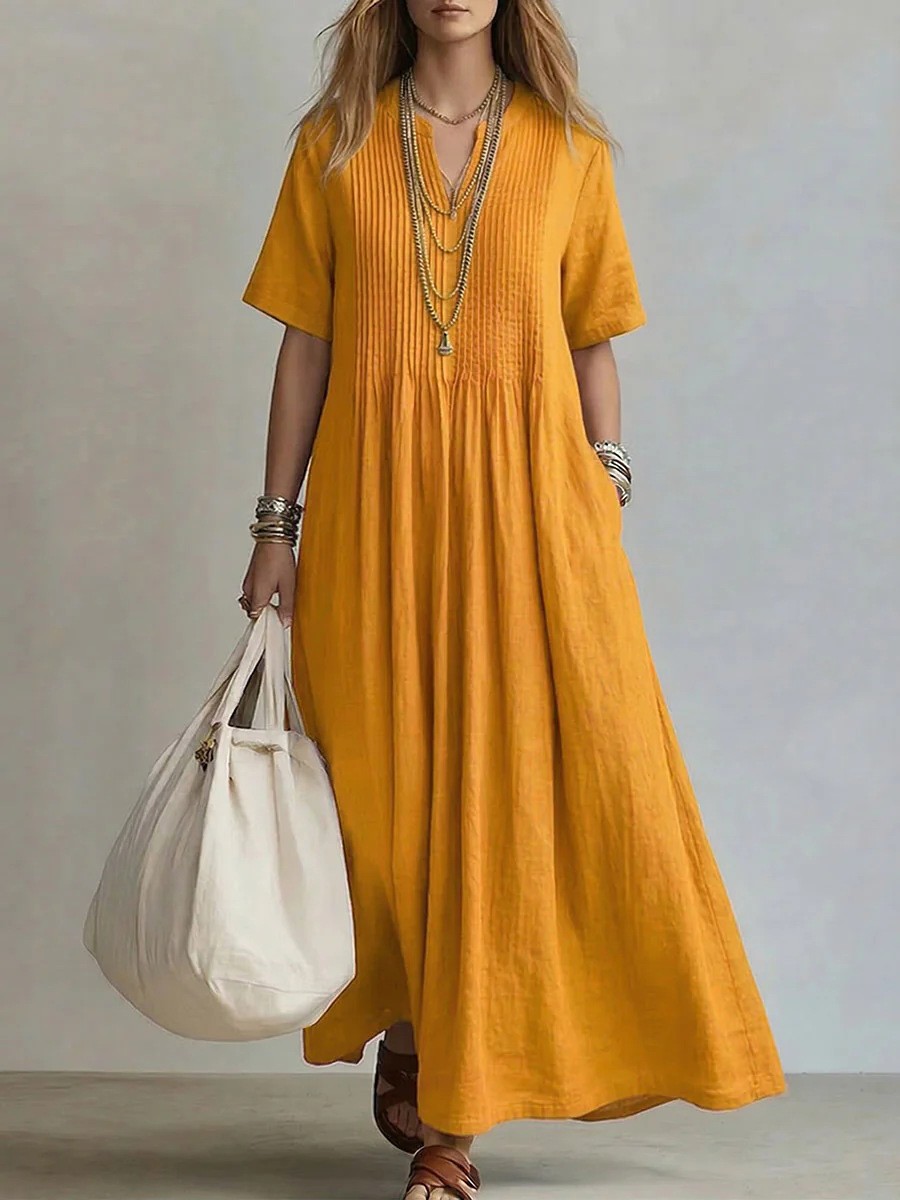 Women Linen Boho Maxi Dress Casual V Neck Short Sleeve Loose Summer LongSundress