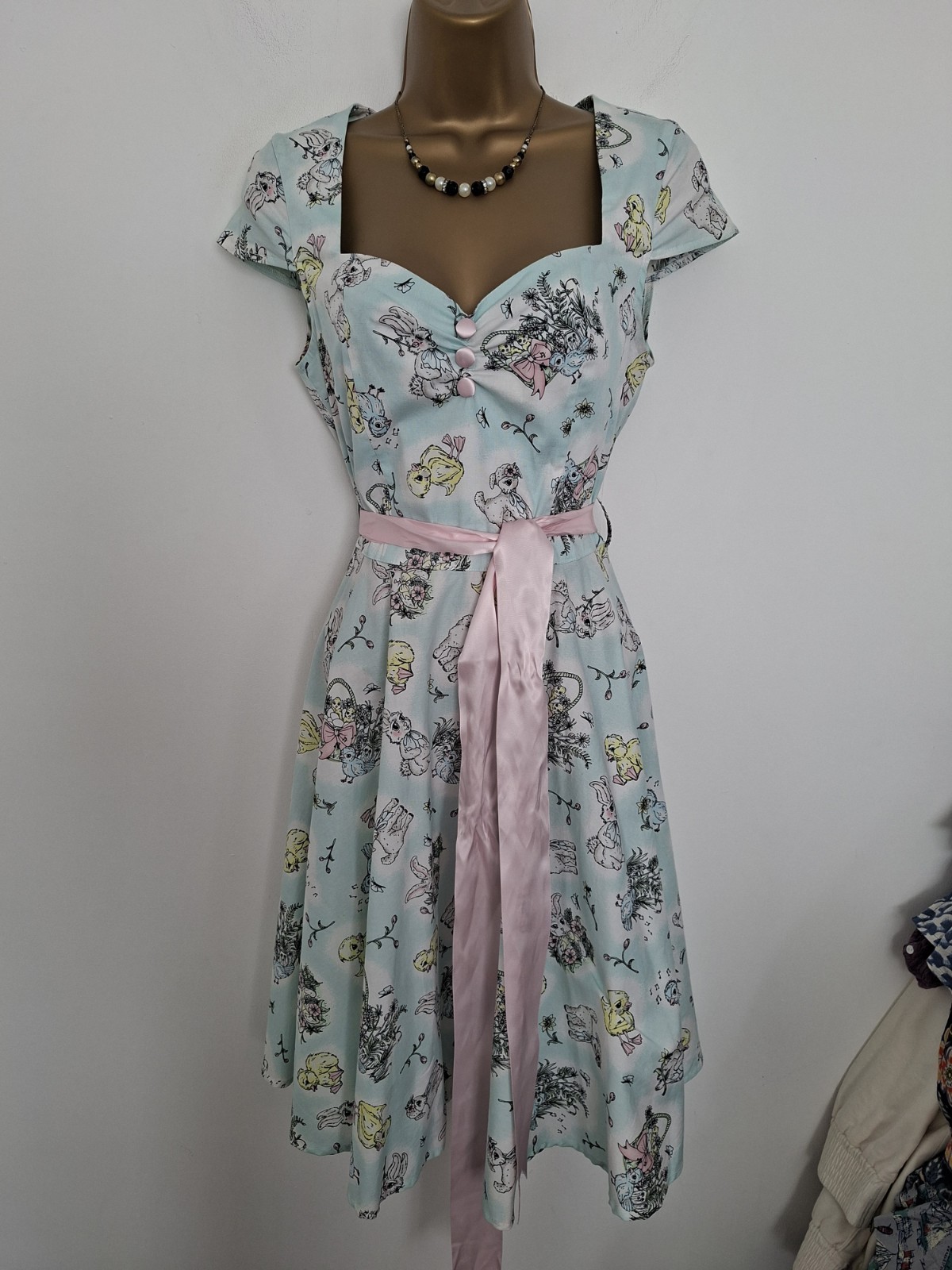 Hell Bunny Light Blue Ducks, Rabbits Lambs Floral Summer Dress Size Small UK 10