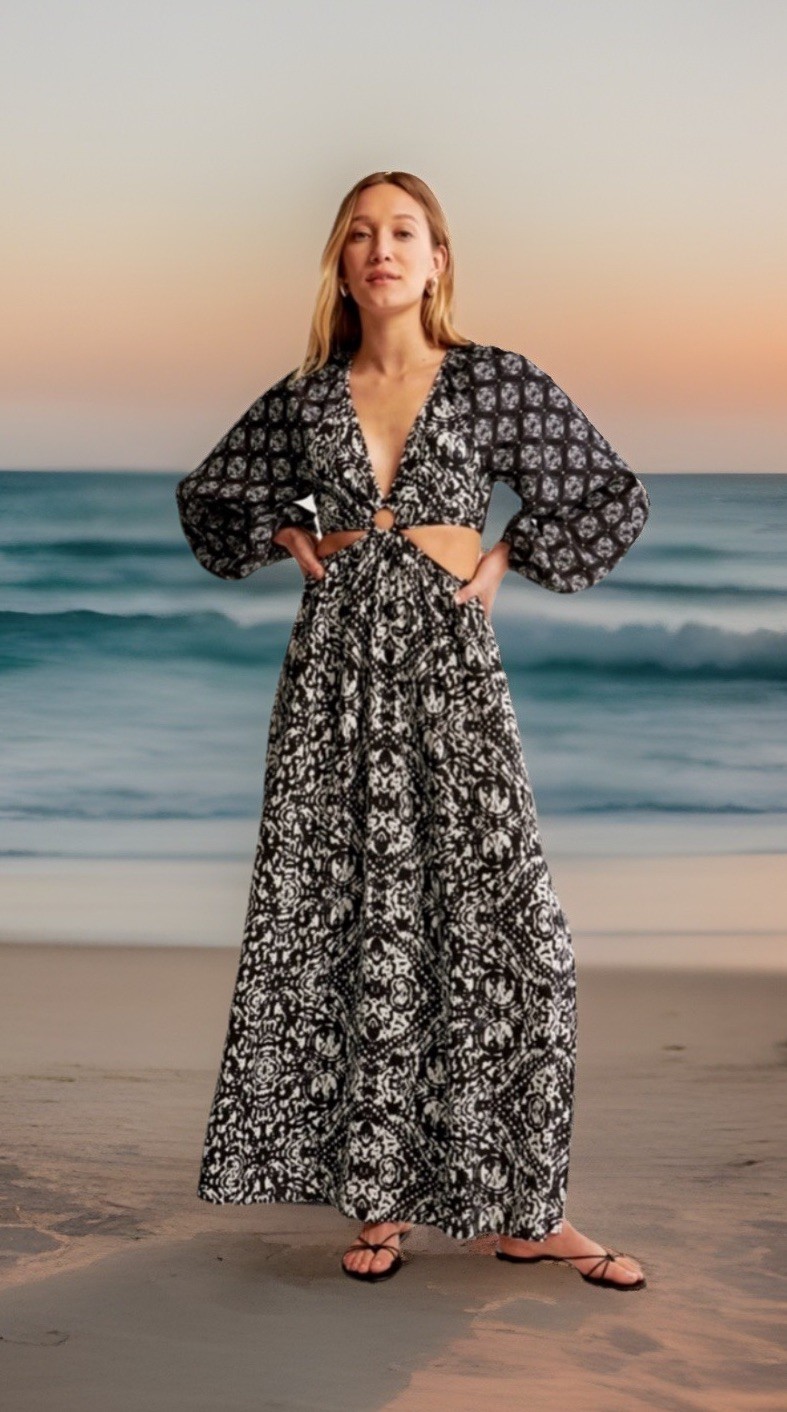 Abercrombie & Fitch Puffed Long Sleeve “O” Ring Cutout Maxi PrintDress L ,NWOT