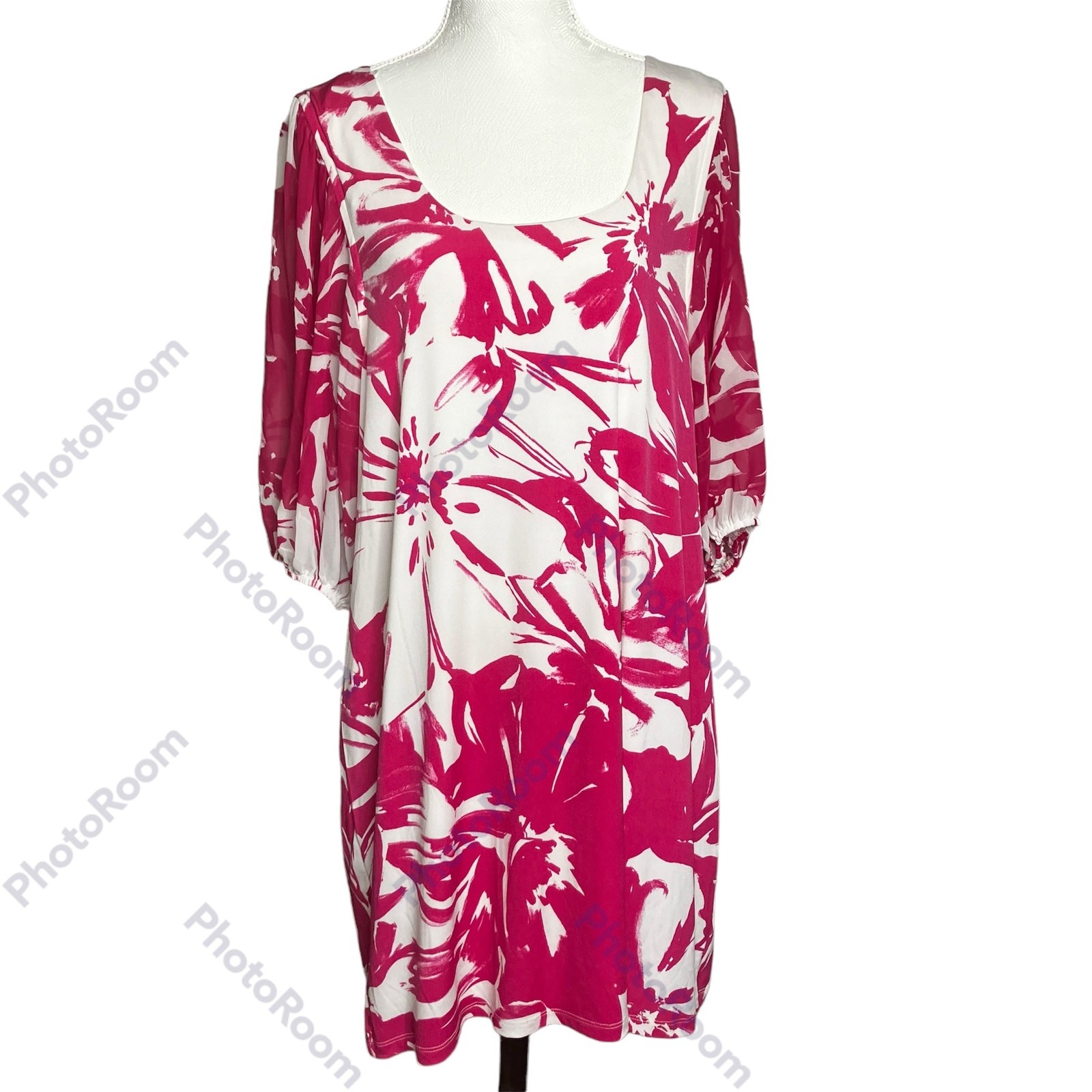 Lennie for Nina Leonard Dress Womens Pink White SZ XL Floral Lined Sheer Sleeves
