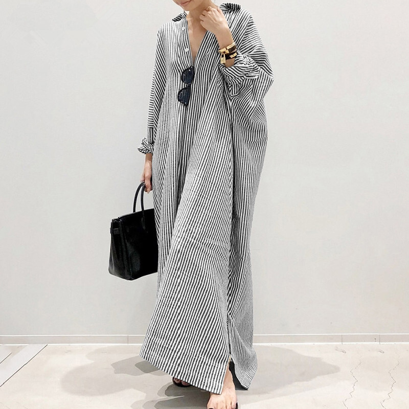 Womens Shirt Dress Long Sleeve Button Down Stripe Long Maxi Loose Gown Plus Size