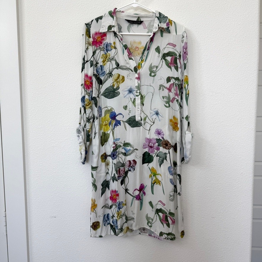 ZARA Woman Floral Tunic Dress Viscose White Multicolor Print Made in Portugal M