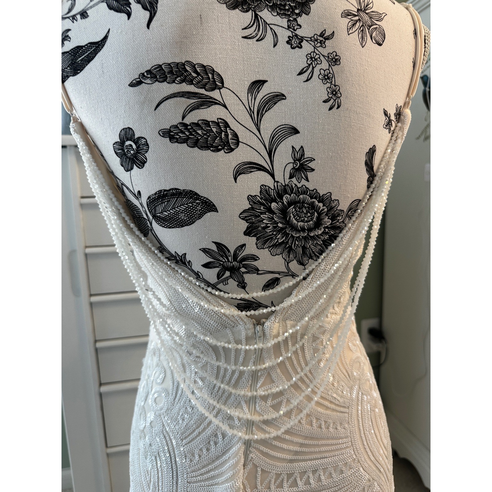 Windsor White Sequin Bodycon Dress Beaded Draped Back Bridal Cocktail Mini M