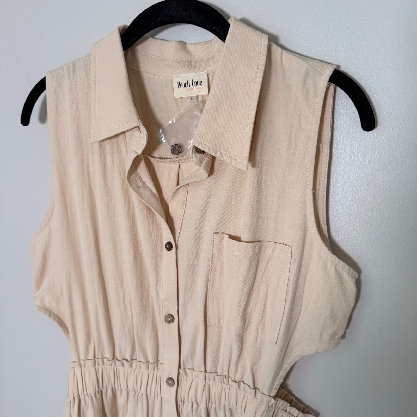 Neutral Summer Button Down Cotton Shirt Dress NEW (LG) Cutouts Sleeveless Cream