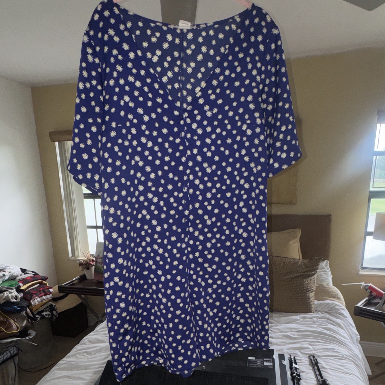 Vintage Blue Daisy Floral Romper Round Neck Short Sleeve US 6