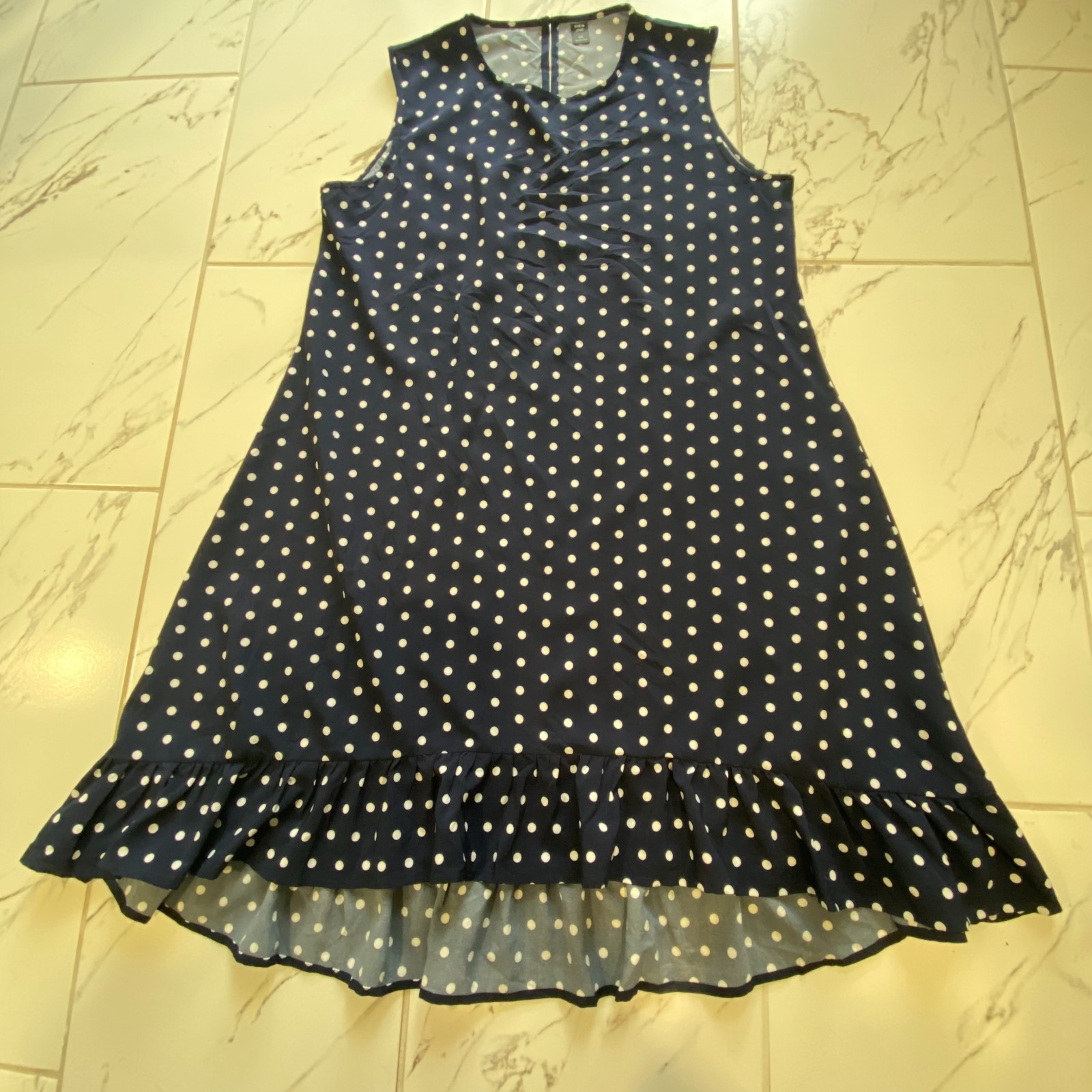 SHEIN Curve Womens 2XL Navy Blue White Polka Dot Sleeveless Ruffle Dress