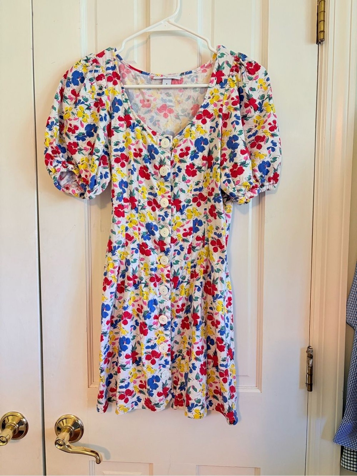 Floral Button-Front Summertime Mini Dress in Red, Blue & Yellow