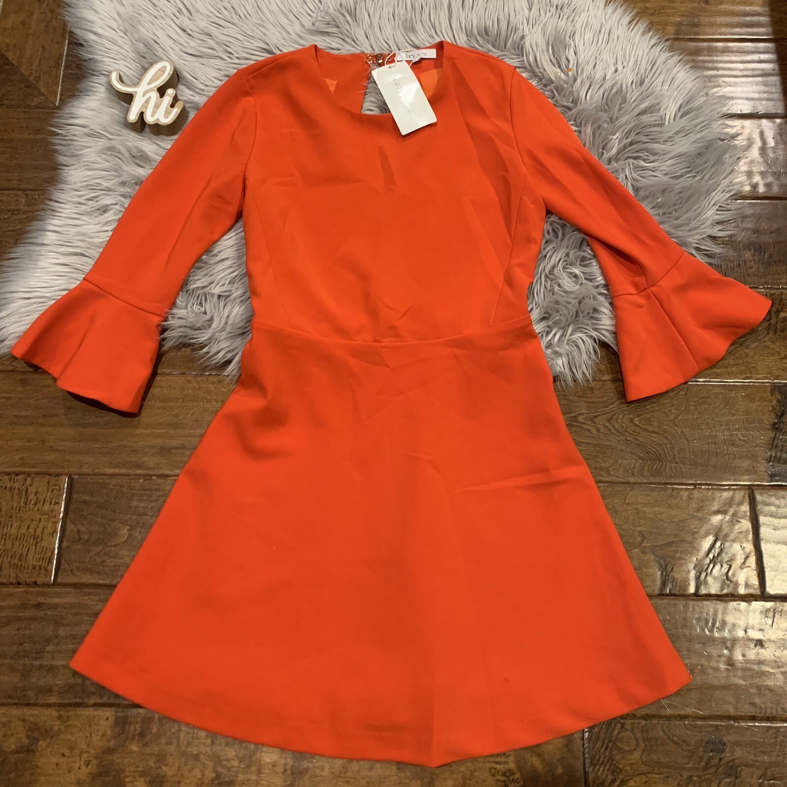 Lucy Paris Dress Red Orange Bell Sleeve Open Back Fit & Flare Size Small New