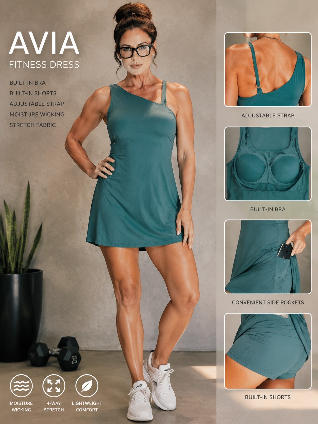 AVIA Teal Green Asymmetrical Strap Athletic Dress Women’s L 12/14 NWOT Tennis