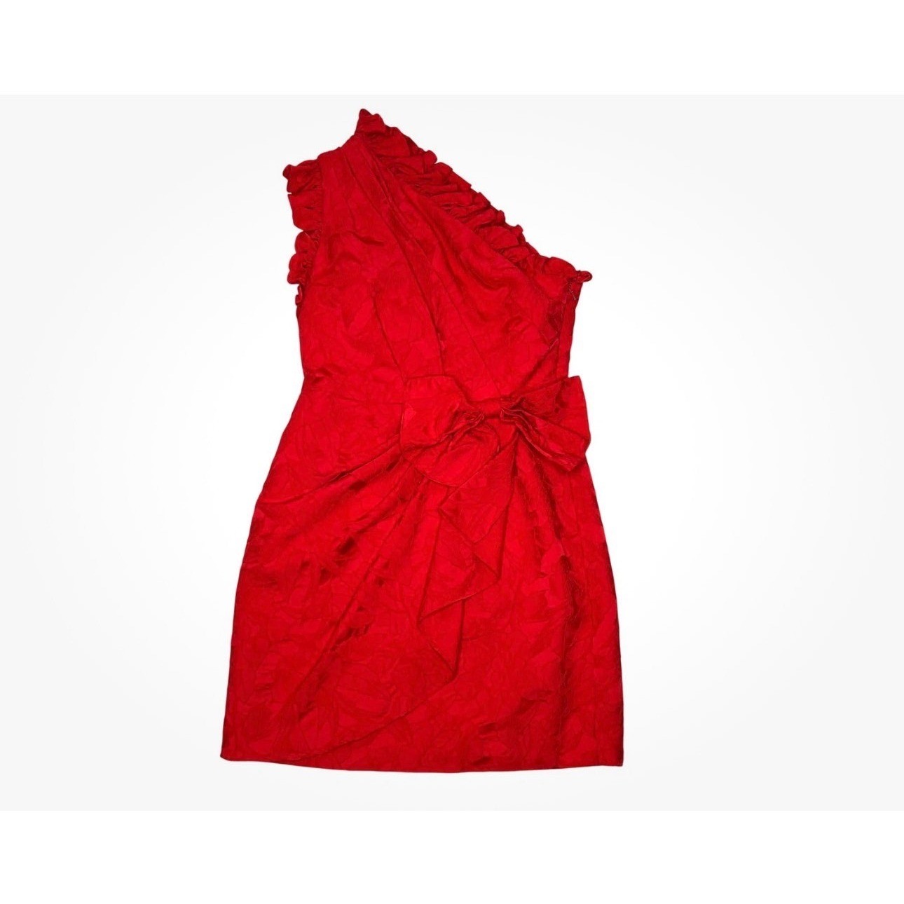 Monique Lhuillier Red One Shoulder Mini Dress Jacquard Bow Cocktail Size 12-14