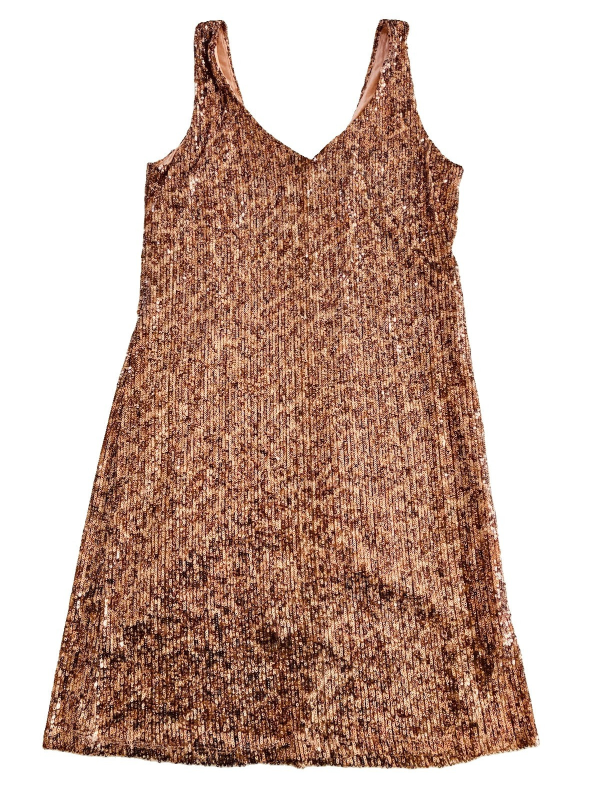 Glom Womens XS Gold Sequin V-Neck Sleeveless Lined Knit Shift Dress