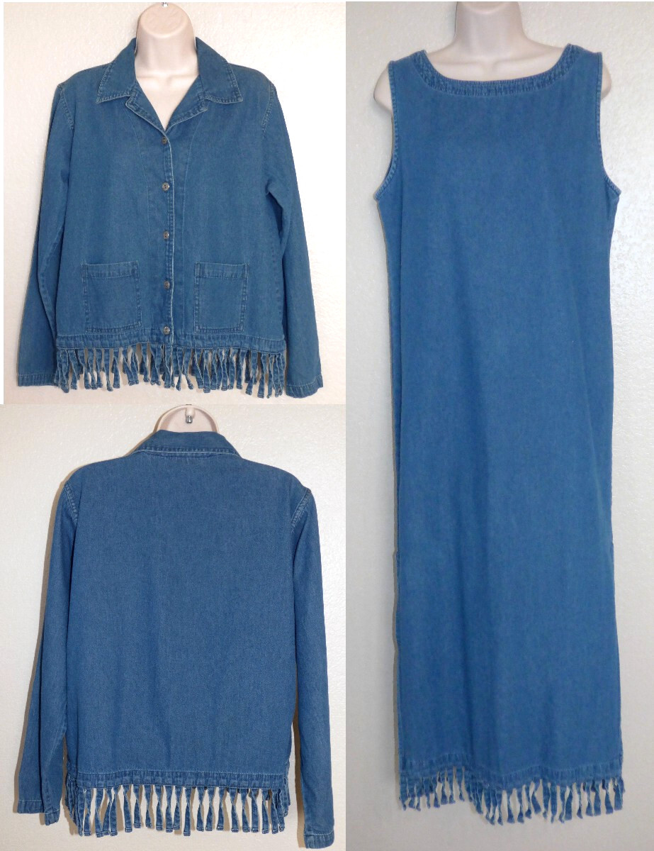 Western Denim Maxi Dress Don’t Mess With Texas Sz M Jumper & Jacket Fringe 2 Pc
