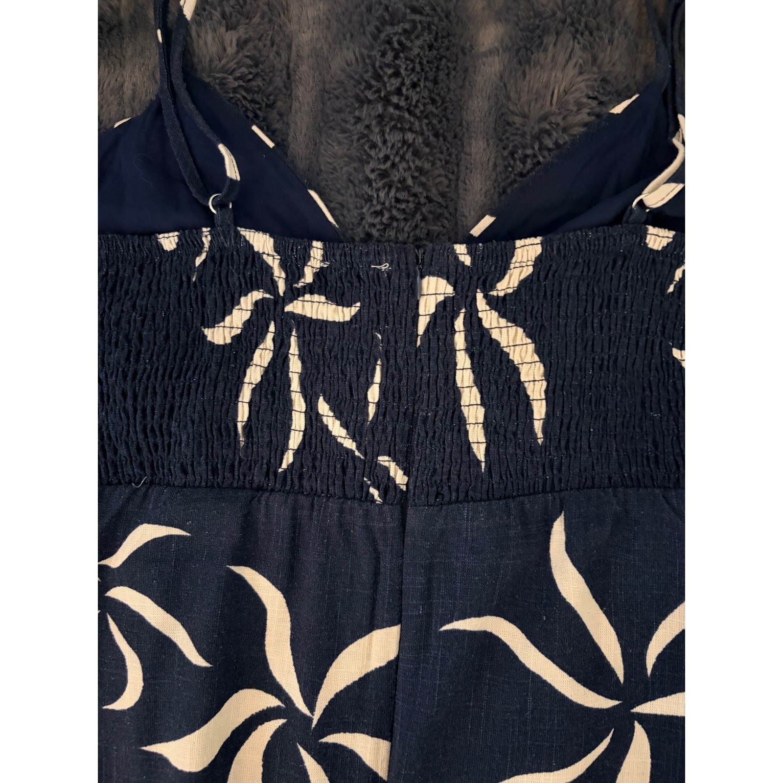 Navy Cream Floral Maxi Dress Small Strappy Smocked Back Coastal Boho Resortwear