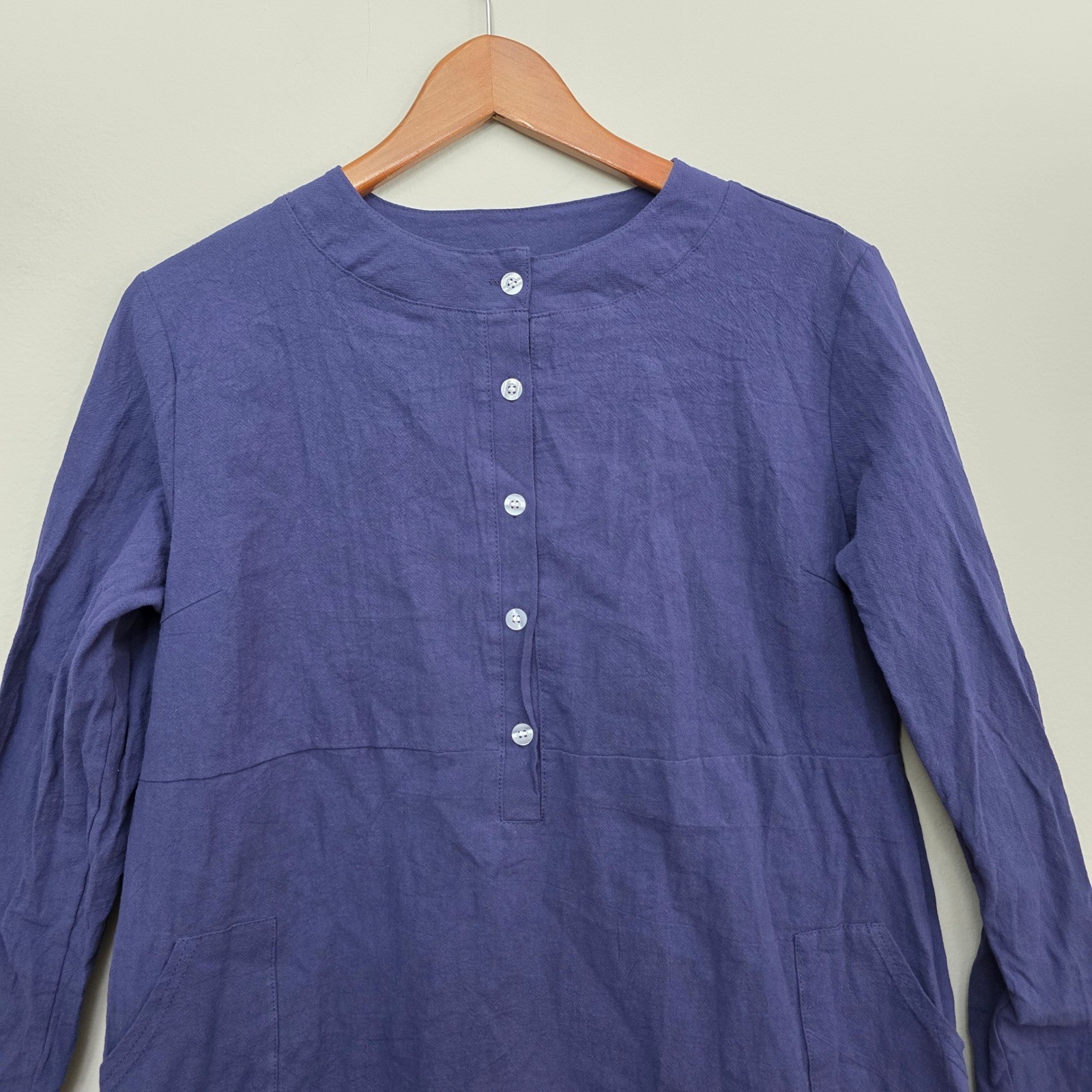 Navy Blue Henley Shift Dress Long Sleeve Cotton Blend Pockets XXL