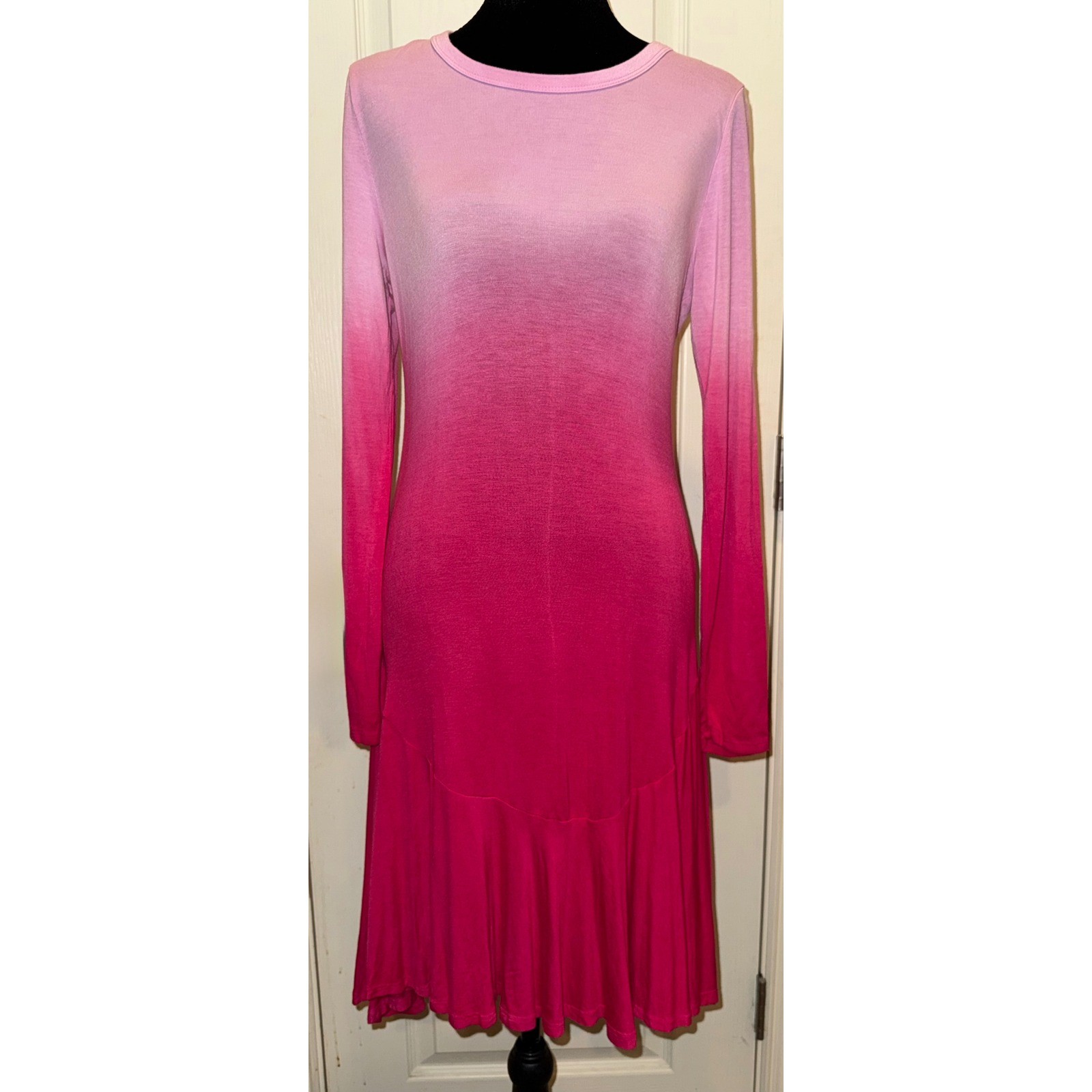 Lock & Love Premium Pink Ombre Long Sleeve Fit Flare Dress Ruffle Hem Large USA