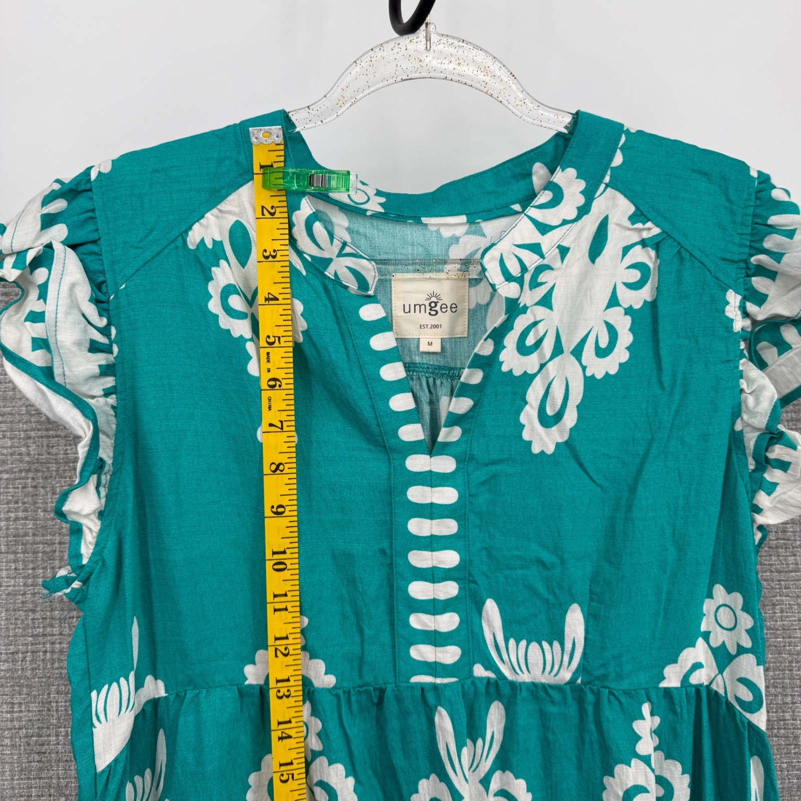 Umgee Dress Sz M Teal White Midi Damask Ikat Ruffle Sleeve Empire Waist Boho