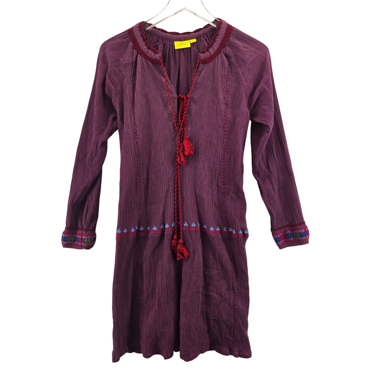 Roller Rabbit Purple Cotton Gauze Embroidered Tassel Tunic Dress XS Long Sleeve