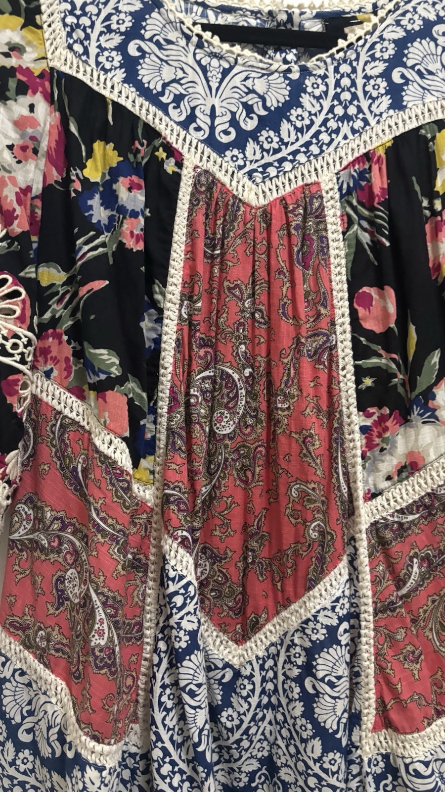 Vanessa Virginia Multi Floral Patchwork Lace Embroidered Trim Bohemian Dress 8P