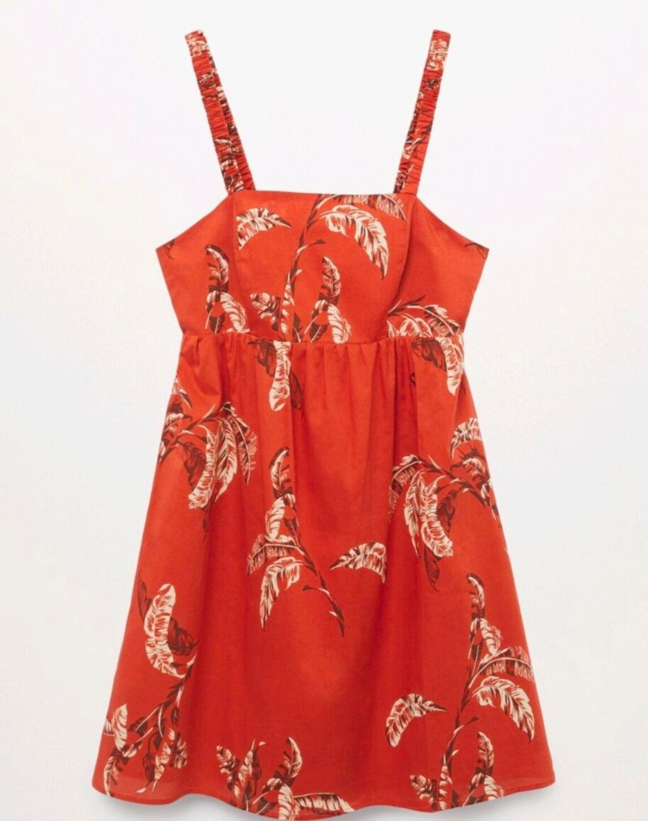 MANGO Tropical Palm Leaf Print Cotton Mini Dress With Ruched Straps
