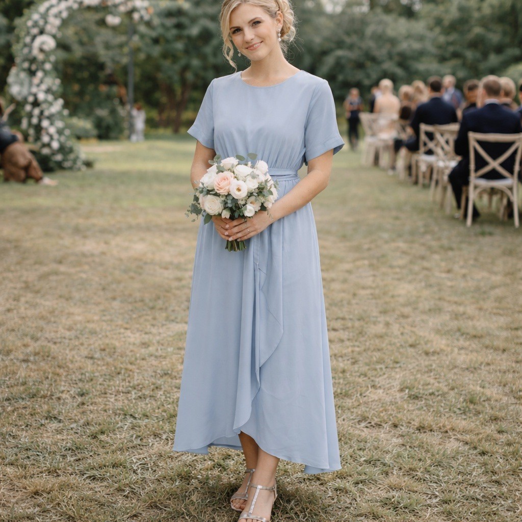 Roolee Gray short sleeve bridesmaid tie waist chiffon dress size L