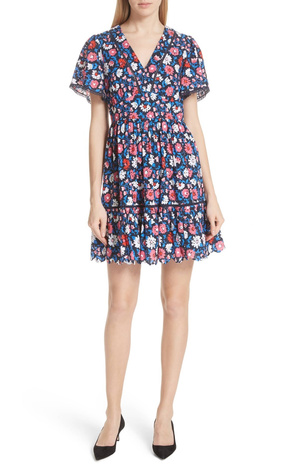 KATE SPADE Navy Pink White Floral Daisy Eyelet Embroidered Fit Flare Dress 6 = S