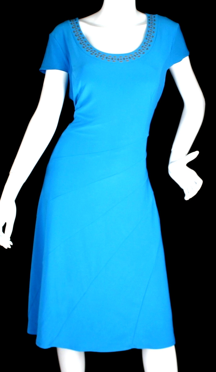 {ANNE KLEIN) Turquois- Blue Dress Sz. 14 Fit & Flare Gold Accents Stretch Lined