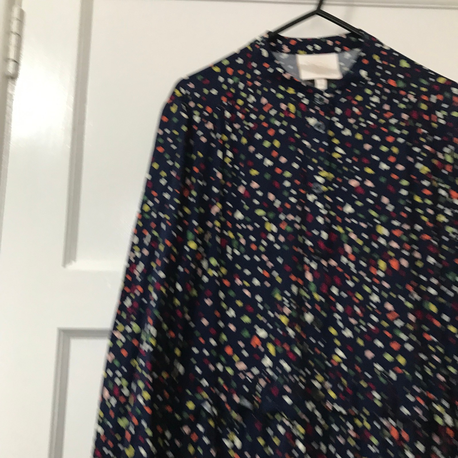 Feather Bone Midi Dress Womens Size XS 8 Navy Blue Spotty Long Sleeve Ruffle