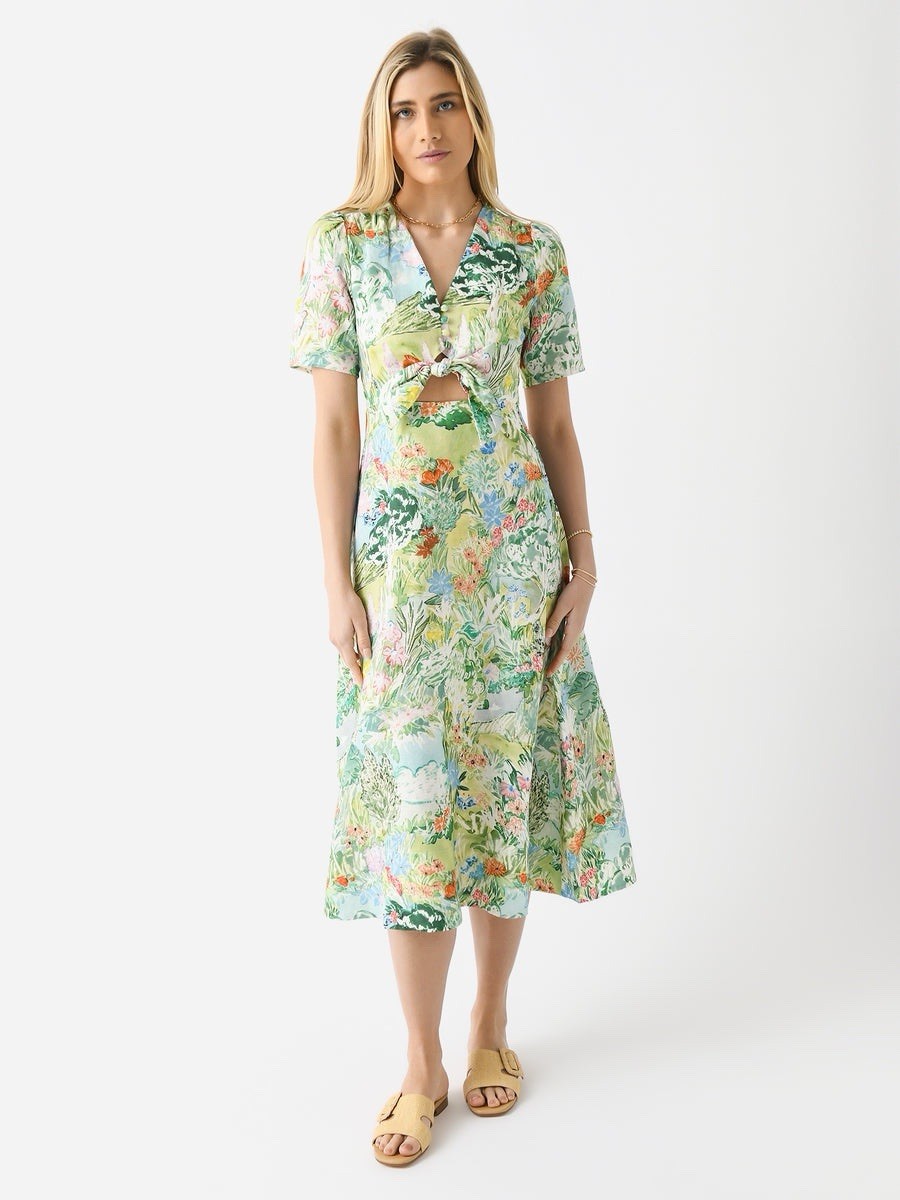 Hunter Bell Pierce Midi Dress Size 4 Green Garden Floral Linen Blend Cutout Bow